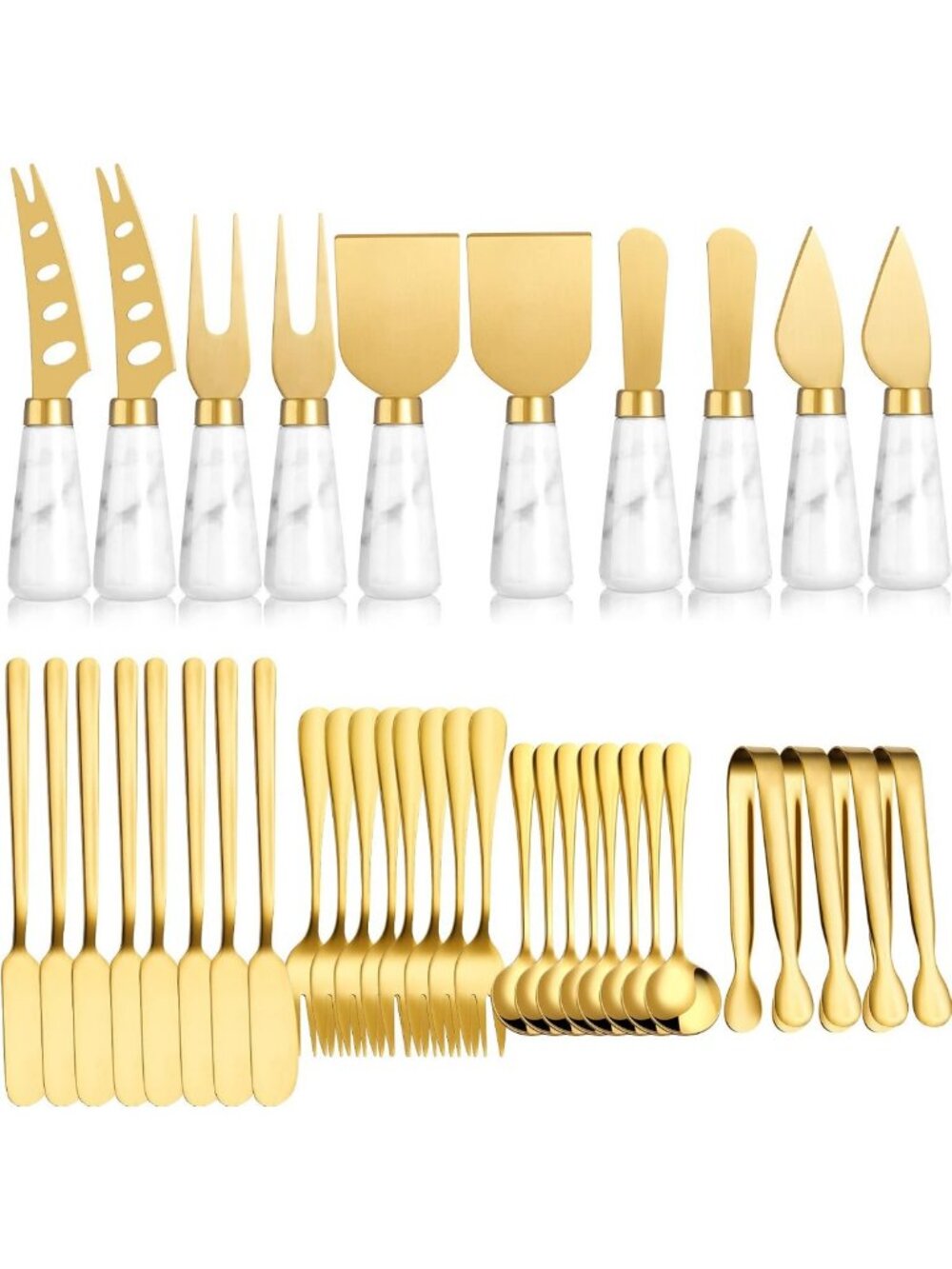38-Piece Gold Cheese Knife Set with Marble Handles, Spatula, Spreaders & Tongs